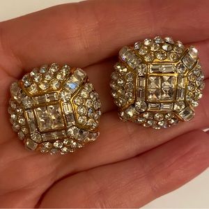 JARIN EARRINGS VINTAGE DOME GOLD PLATE PAVE CRYSTALS CLIP USA